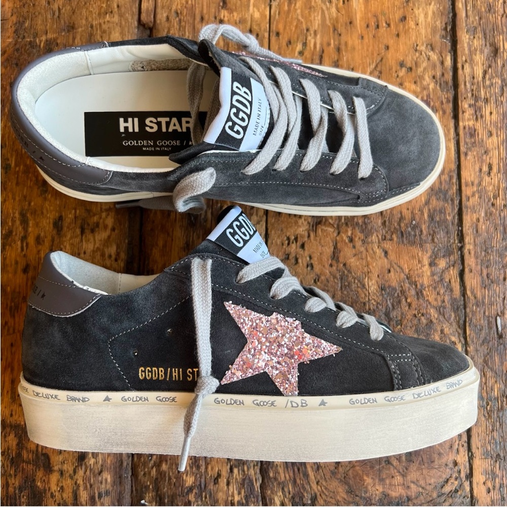 Golden Goose Gray Suede Sneakers with Pink Glitter Star